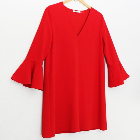 Alice + Olivia Red 3/4 Bell Sleeves V Neck Mini Shift Dress - Picture 16 of 16